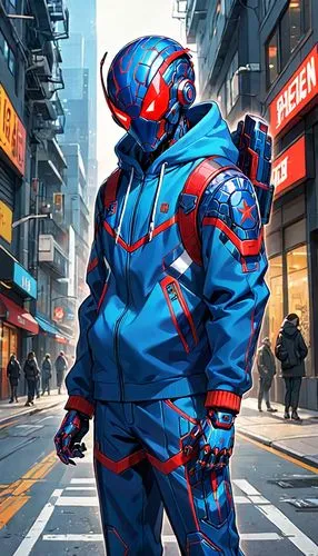 cyberpunk,astronaut suit,spacesuit,protective suit,rain suit,3d man,high-visibility clothing,pedestrian,jumpsuit,cyber,space suit,hazmat suit,space-suit,baymax,onesie,parka,walking man,tracksuit,futuristic,red and blue,Anime,Anime,General