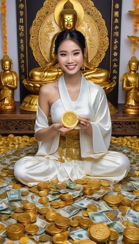 A young woman in traditional Asian clothing of gold and white color sits on the floor surrounded by many gold coins and banknotes. Gold Buddha statues and other luxurious interior elements can be seen