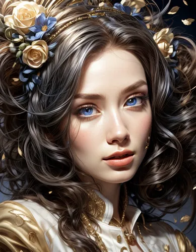 fantasy portrait,mystical portrait of a girl,blue hydrangea,golden lilac,jasmine blossom,jessamine,hydrangea,golden flowers,jasmine blue,delphinium,fantasy art,gold filigree,faery,portrait background,