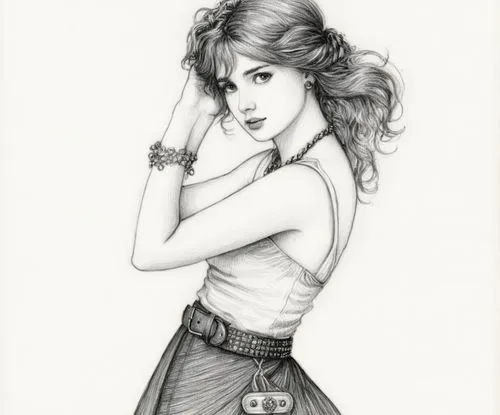 女生，黑白，素描，手链，项链，裙子，腰带,a pencil drawing of a woman wearing a skirt and holding her hand on her head,retro pin up girl,pin-up girl,pin up girl,aerith,valentine pin up,pin ups,Illustration,Black and White