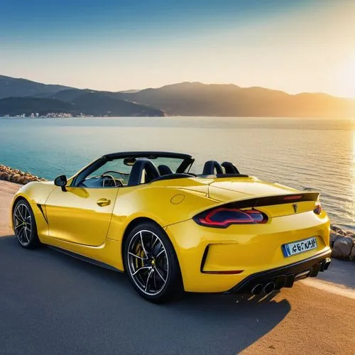 A yellow sports car is parked by the sea in the early morning with beautiful sunlight.,boxster,luxury sports car,american sportscar,boxsters,bmw z4,cabriolet,yellow car,cabriolets,targa,roadster,sport