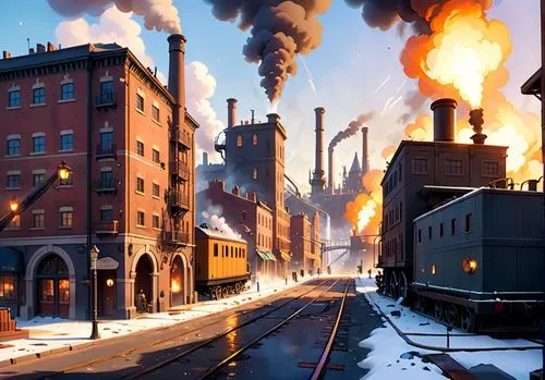 a cartoon scene of city buildings covered in smoke,industrial landscape,factories,smoketown,steamboy,industrialization,industrialism,refinery,industries,industrial smoke,heavy water factory,blacksad,s