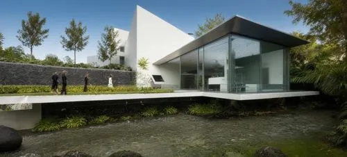 Diseño exterior de una casa moderna estilo minimalista combinando muros de color blanco con muros de tabique aparente, herrería de aluminio con cristal, fotografía hiperrealista, fotografía arquitectó