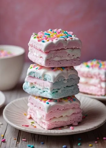 Fluffy marshmallow treats, pastel pink color, soft and puffy texture, delicate curls on top, white chocolate drizzle, colorful sprinkles, ceramic plate, wooden table, warm lighting, cozy atmosphere, s