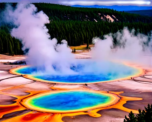 Yellowstone National Park, sunny day, clear blue sky, majestic mountain ranges, dense forests, geysers erupting, hot springs steaming, diverse wildlife, American bison roaming free, elk grazing, grizz