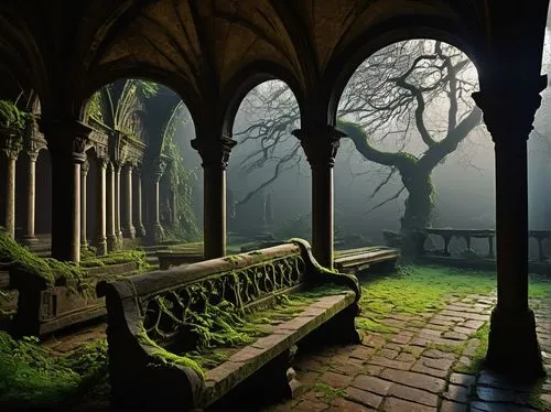 hall of the fallen,cloister,old graveyard,mausoleum ruins,necropolis,forest chapel,haunted cathedral,crypt,moss landscape,ruins,graveyards,cloisters,dandelion hall,sepulchres,waldgraves,forest cemetery,resting place,sanctuary,ravenloft,witch's house,Art,Artistic Painting,Artistic Painting 33