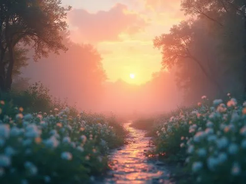 blooming field,spring morning,flower in sunset,flower field,lilly of the valley,daybreak,fantasy landscape,everlasting flowers,the mystical path,springtime background,dawn,deviantart,sea of flowers,evening atmosphere,wonderland,walking in a spring,dawning,field of flowers,meadow in pastel,pathway,Photography,General,Realistic