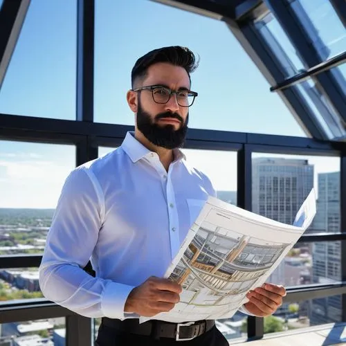 Custom, modern, futuristic, luxurious, architectural design, Manchester NH, solo, male, architect, 35yo, black hair, glasses, beard, white shirt, black pants, black shoes, holding blueprints, standing