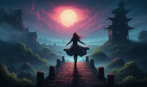 fantasy picture,castlevania,dusk background,fantasia,world digital painting,the mystical path,beautiful wallpaper,game illustration,fantasy landscape,majora,dusk,house silhouette,oscura,the path,halloween background,pathway,dark world,pilgrimage,shadowgate,fantasy world,Illustration,Realistic Fantasy,Realistic Fantasy 25