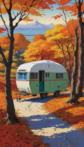 autumn camper,travel trailer poster,campervan,camper,campground,campsite,camper on the beach,travel trailer,caravanning,motorhomes,recreational vehicle,camping bus,motorhome,autumn scenery,autumn idyll,small camper,camping car,camper van isolated,buffalo plaid caravan,autumn landscape,Illustration,Japanese style,Japanese Style 14