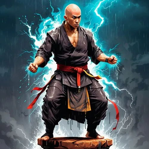 a hyper-realistic battered, bruised and battle tested cyberpunk style bald monk in rags standing on a pillar doing karate moves in the rain with heat lightning in the background,an artwork of a ninja 