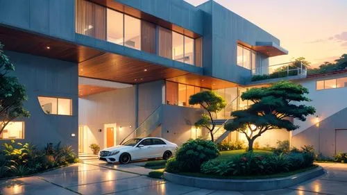 anime style entrance shot of a minimalist two floors modern white villa in Luanda, showing the drop off in front of the entrance, big glass windows, wooden fins on the top floor, Garage to the right s