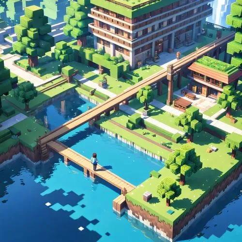 microdistrict,docks,uzak,voxel,city moat,minecraft,Anime,Anime,Realistic