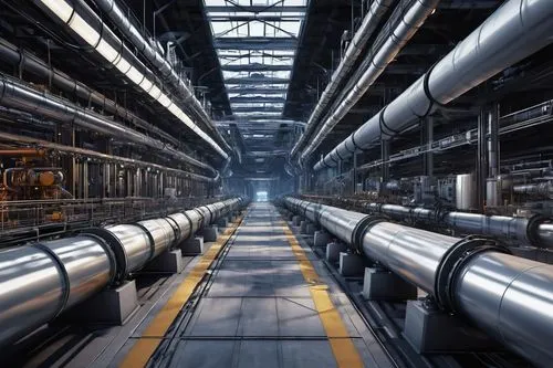 Industrial 3D scene, 5-stage pipeline architecture, complex machinery, metal beams, wires, computer screens, futuristic atmosphere, high-tech facility, bright LED lights, sleek modern design, reflecti