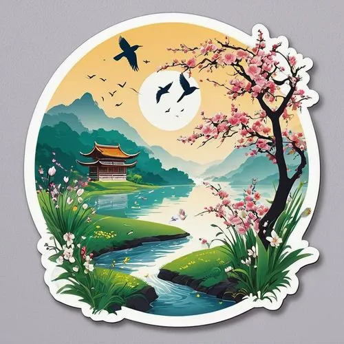 japanese floral background,tokaido,landscape background,japanese sakura background,flower and bird illustration,springtime background,wufeng,cherry blossom tree,wenxian,yunlu,clipart sticker,cherry blossoms,japanese background,cherry blossom japanese,japan landscape,blossom tree,oriental painting,sakura blossoms,wolong,plum blossoms,Unique,Design,Sticker