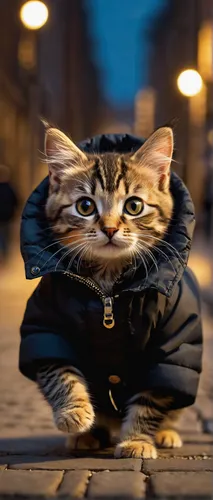 British kitten Walks on two paws with his family in a black down jacket style 2024 coat in winter New York artwork-Turner, Cute fluffy artwork Fragonard and best artists_(SDXL), perfect art_level artw