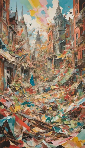 destroyed city,slum,debris,kathmandu,trash land,detritus,zao,earthquake,fallen colorful,destruction,collapse,wreckage,fragmentation,scattered,landfill,slums,chaotic,large market,demolition,crumpled,Conceptual Art,Oil color,Oil Color 18