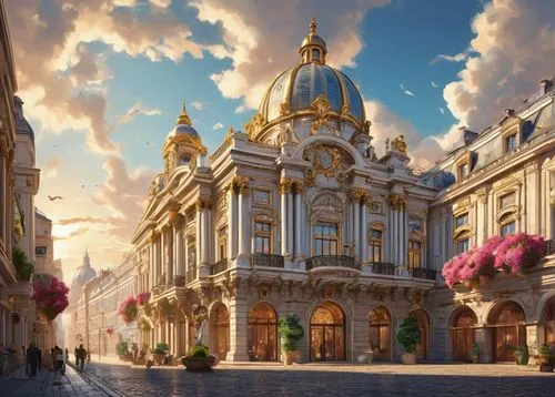 Façade architecture, Baroque style, grandiose, ornate decorations, golden accents, marble columns, intricate carvings, statues on rooftops, symmetrical composition, bright sunlight, soft shadows, warm