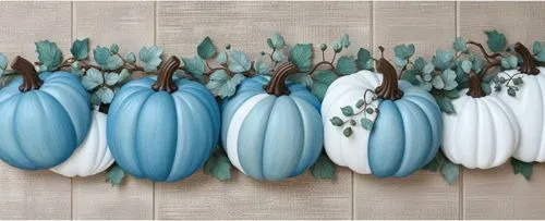 white and blue pumpkins painted on canvas with leaves,nursery decoration,decorative squashes,hanging decoration,ornamental gourds,blue eggs,bluebunch