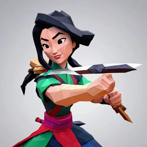 mulan,swordswoman,yi sun sin,female warrior,katana,wushu,wuchang,xiaochi,samurai fighter,shen,xing yi quan,kungfu,hwachae,kenjutsu,disney character,vector illustration,aladha,vector girl,bow and arrow,bow and arrows,Unique,3D,Low Poly