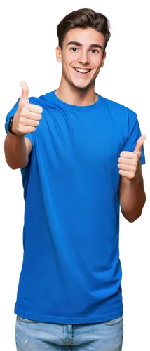 YouTuber, young man, energetic, thumbs up, bright smile, blue shirt, white background, 3D animated elements, colorful fonts, dynamic composition, vibrant colors, high-energy lighting, fish eye lens, c