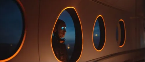 view from outside the window of a spaceship. A man looks out the window with a confident look, the blue glow of the stars highlights the edges of his face in his disproportionately and unusually large