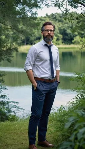 Middle-aged male PhD, landscape architecture expert, standing confidently, (35yo), glasses with black frames, short brown hair, beard, white shirt, dark blue trousers, leather belt, black dress shoes,