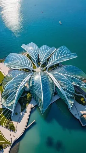 the water is very blue and has a large flower growing out of it,giant water lily,water flower,water lotus,garden by the bay,gardens by the bay,seasteading,Photography,General,Realistic