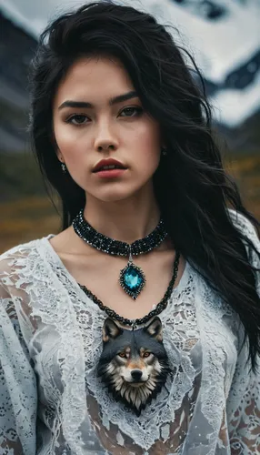 masterpiecem explicit, shot in the style of sksfer, photo of full body shot a young 18yo woman in alaska, beautiful black hair, with a wolf necklace with a gem in it, extreme detail and texture, profe