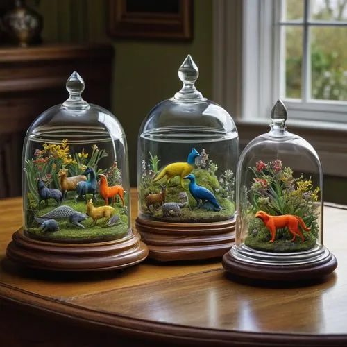 terrariums,aquarium inhabitants,poissons,glass containers,jam jars,snowglobes,Illustration,Realistic Fantasy,Realistic Fantasy 11