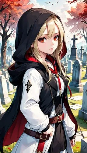 avril lavigne as assassins creed stands in a cemetery, dressed in a black hooded cloak and a white outfit with brown accents. She is wearing a red belt . Her gaze is directed off to the side.,carmilla