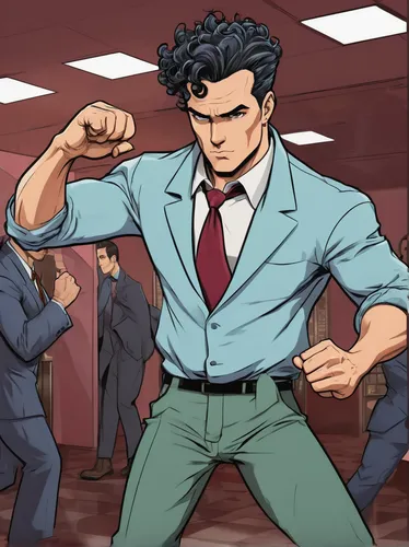 A detective with a punch perm hairstyle uncovers the truth by going undercover in a secret fight club.,fighting stance,fighting poses,punch,friendly punch,knockout punch,muscle man,angry man,sakana,pr