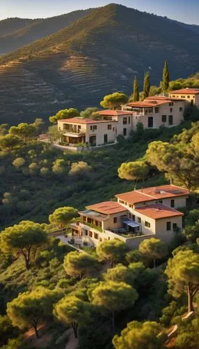 Bioclimatic building, sustainable architecture, regionalism style, Mediterranean climate, warm beige stone walls, curved terracotta rooftops, large shaded windows, wooden shutters, lush green vines cr