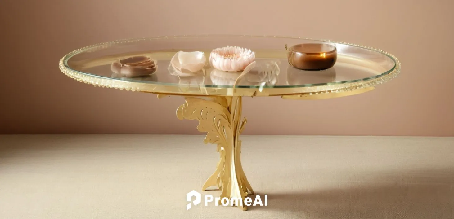 Chocolate tray concept with an oval glass top and legs shape like abstract flower leaves, for a wedding, item display, earth tone colors, beige color, blush color, and off white color, item display,a 