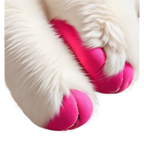 Dog's paw, white fur, small size, cute claws, pink pad, detailed fur texture, soft focus, shallow depth of field, warm lighting, close-up shot, 1/2 composition, realistic rendering, HD details.,a whit