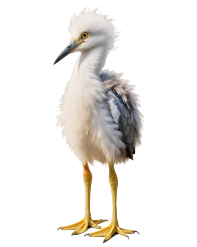 Small heron chick, white fluffy feathers, beak open, yellow beak, big round eyes, grey legs, standing, morning sunlight, soft focus, warm color tone, shallow depth of field, 3/4 composition.,nycticora