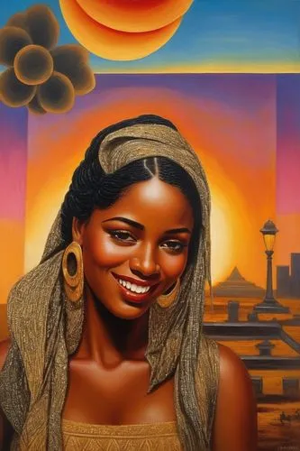 kemet,african woman,african american woman,afar tribe,ethiopian girl,nubian,inanna,azilah,ancient egyptian girl,african art,oshun,asherah,lumidee,mahdawi,desert background,oil painting on canvas,fulani,kelefa,monifa,saharan,Illustration,Realistic Fantasy,Realistic Fantasy 21