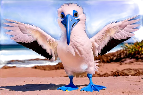 Blue footed booby, cartoon style, funny expression, bright blue feet, yellow beak, white feathers, fluffy wings, big round eyes, standing pose, one leg lifted, beach setting, sunny day, warm lighting,