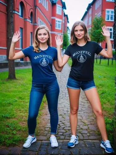 The two Manteuffel sisters.,two women in short blue shirts are standing by brick buildings,uncg,strongwomen,sororities,sorority,wwvb,ymca,Photography,Documentary Photography,Documentary Photography 09