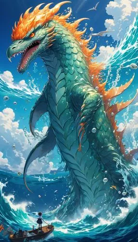 kujira,samudra,god of the sea,dragon boat,sea god,poseidon,taniwha,scylla,dragon of earth,painted dragon,haku,merman,nami,kukulkan,yamatai,dragonboat,maguana,kammerman,water creature,dragonair,Illustration,Japanese style,Japanese Style 03