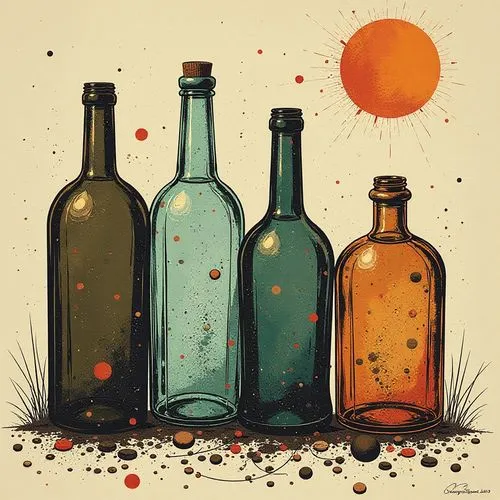 bottles,glass bottles,wine bottles,bottled,watercolor wine,bottle top,Illustration,Retro,Retro 14