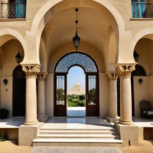 Create a striking villa façade that blends the timeless majesty of Egyptian design with contemporary French aesthetics. Opt for a symmetrical layout with a central entrance, flanked by tall, slender E