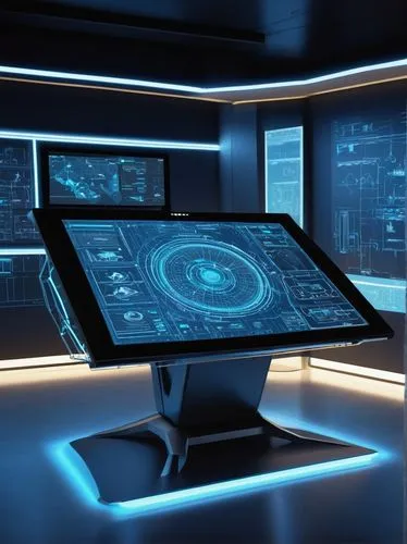 Digital drafting table, futuristic interface, sleek lines, metallic surface, neon blue accents, 3D modeling software, online collaboration platform, multiple windows, coding screens, system architectu