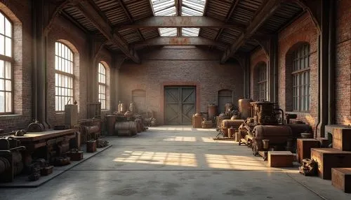 Industrial warehouse interior, exposed brick walls, rough concrete floors, metal beams, rusty corrugated roofs, wooden crates, vintage machinery, distressed wood textures, worn steel surfaces, earthy 