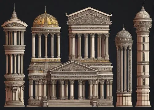 Ancient Greek columns, Roman arches, Gothic cathedrals, Renaissance palaces, Baroque ornate details, Art Nouveau sinuous lines, De Stijl geometric shapes, Bauhaus functional simplicity, Brutalist conc