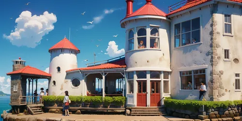 victorian house,victorian,crooked house,seaside resort,seaside country,red lighthouse,house by the water,house of the sea,render,studio ghibli,3d render,crown engine houses,crown render,treasure house,little house,crane houses,scandia gnomes,popeye village,turrets,fairy tale castle,Photography,General,Cinematic