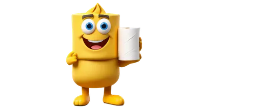 Cartoonish poop character, smiling face, big round eyes, golden yellow color, shiny surface, chunky shape, sitting pose, crossed legs, holding a toilet paper roll, funny expression, exaggerated featur