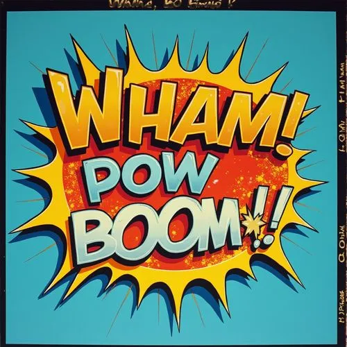 A vibrant print featuring colorful comic book-style exclamations like "WHAM," "POW," and "BOOM" against a blue background, evoking a sense of action and excitement.,an old framed picture with comic th