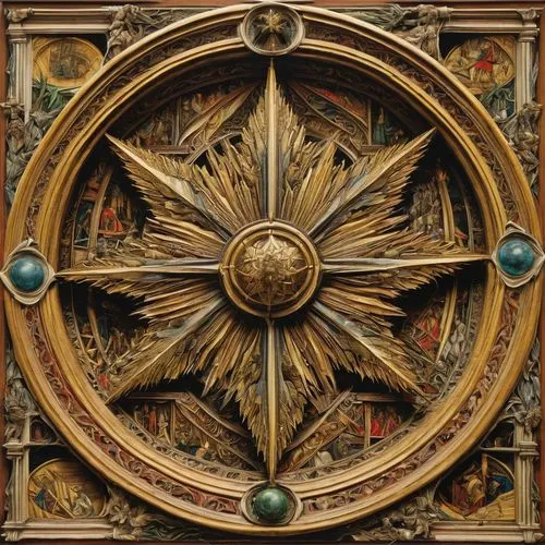 ship's wheel,compass rose,dharma wheel,compass,astronomical clock,wind rose,bearing compass,compass direction,magnetic compass,ships wheel,sun dial,dartboard,circular ornament,panel,christ star,sundial,zodiac,dart board,armillary sphere,talisman,Art,Classical Oil Painting,Classical Oil Painting 28