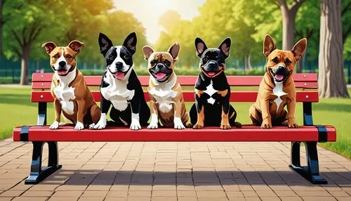 park bench,dobermans,bardanes,dog frame,bench,red bench,dog breed,american staffordshire terrier,family dog,benches,dog pure-breed,malinois,color dogs,doberan,jagdstaffel,dogshow,three dogs,dog school,group photo,service dogs